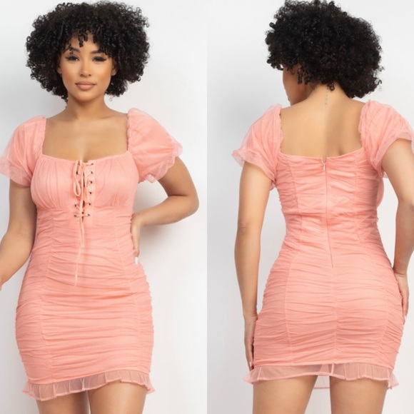 Elegant Peach Ruched Mesh Puff Sleeves Dress - Picture 10 of 14